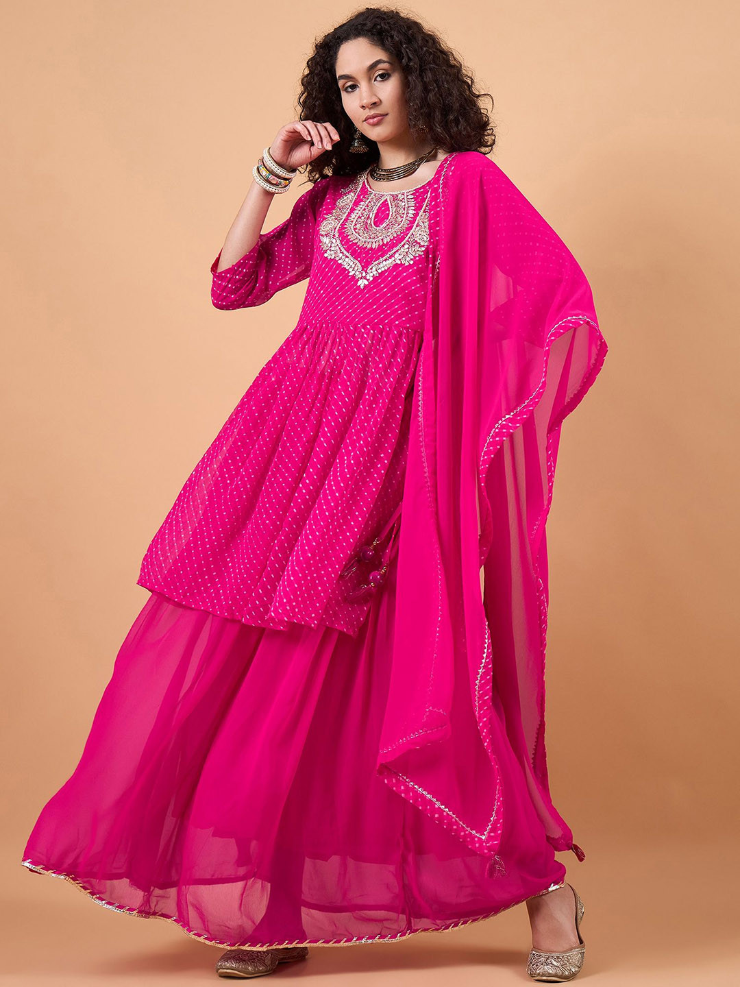 

swatika Leheriya Printed Zardozi Pleated A-Line Kurta With Skirt & Dupatta, Pink