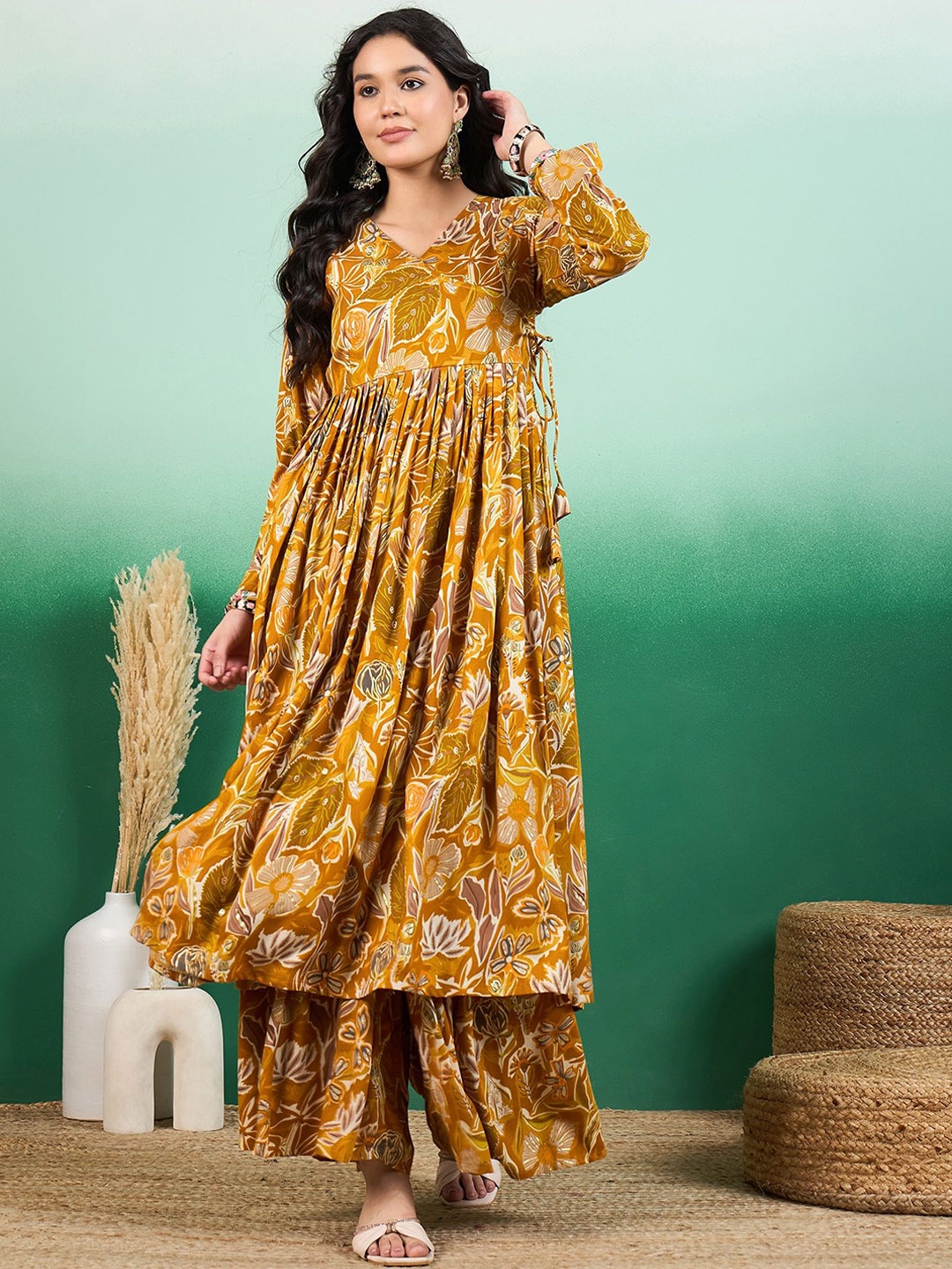 

Sangria Mustard Yellow Floral Printed V-Neck Angrakha A-Line Kurta With Palazzo