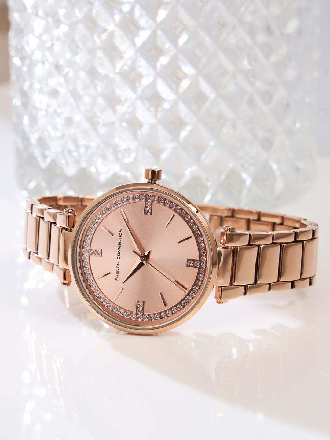 

French Connection Women Embellished Dial & Bracelet Style Straps Analogue Watch FCU4RGM, Rose gold