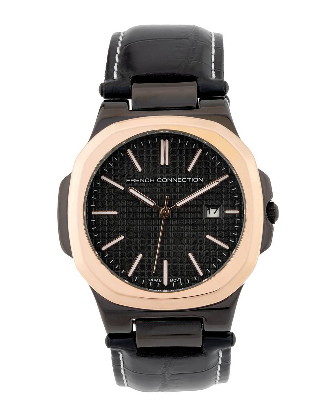 

French Connection Men Dial & Leather Bracelet Style Straps Analogue Watch FCB2BL, Black