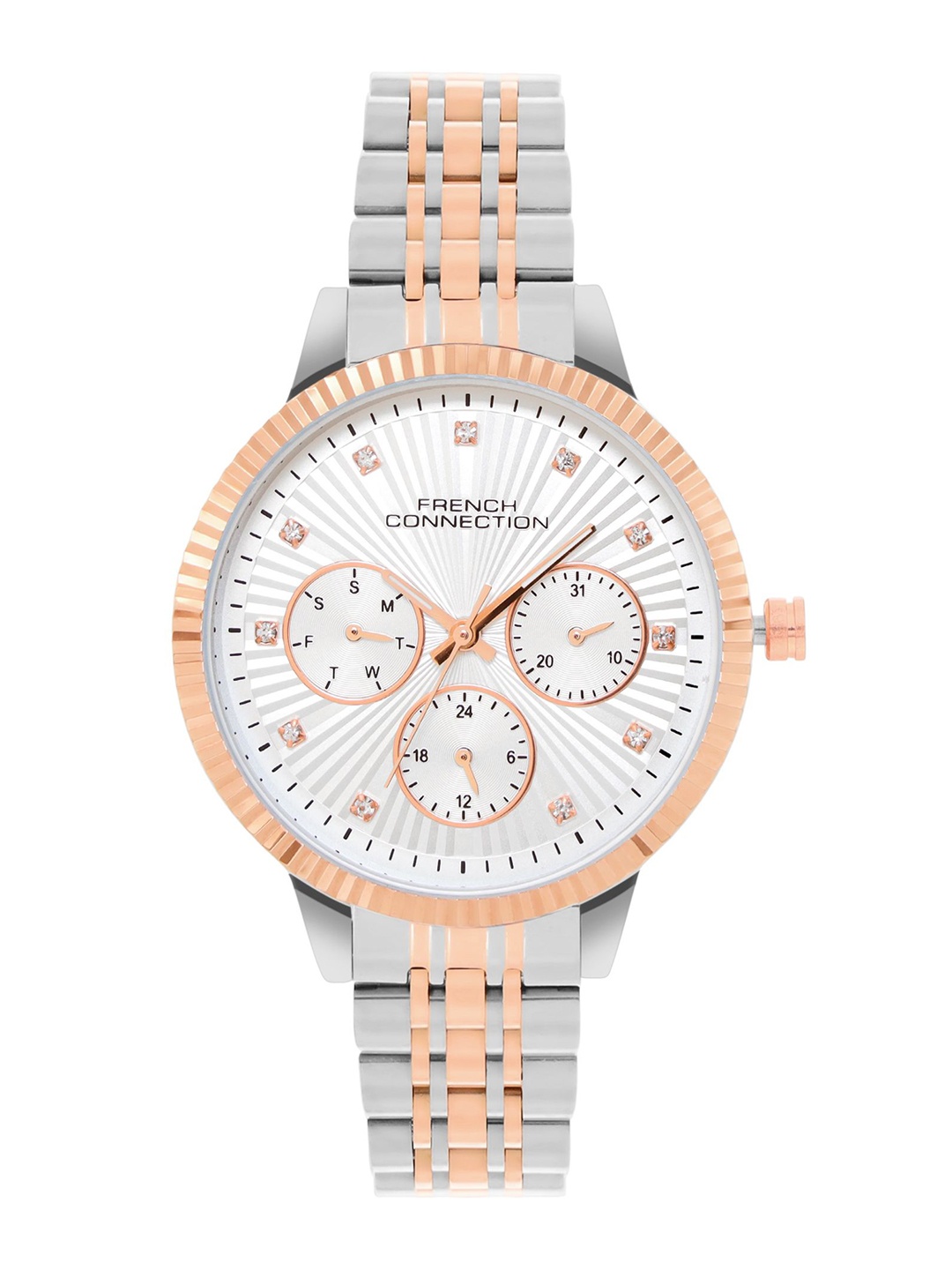 

French Connection Women Embellished Dial & Bracelet Style Straps Analogue Watch FCN072SRTM, Silver