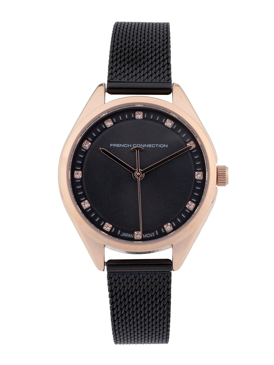 

French Connection Women Embellished Dial & Bracelet Style Straps Analogue Watch FCK4BM, Black