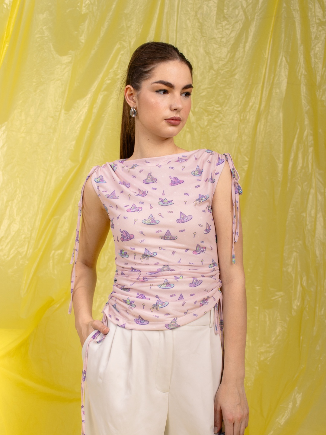 

Stylecast X Hersheinbox Ruched Tie-Up Detailed Printed Net Top, Pink