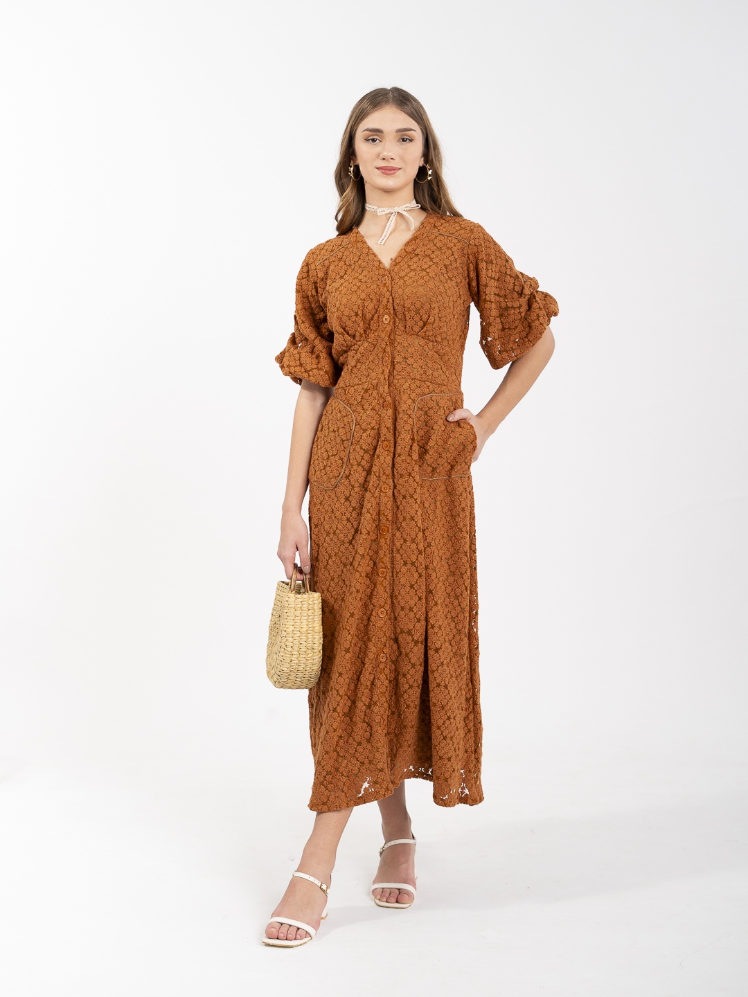 

Stylecast X Hersheinbox Puff Sleeve Lace Empire Midi Dress, Brown