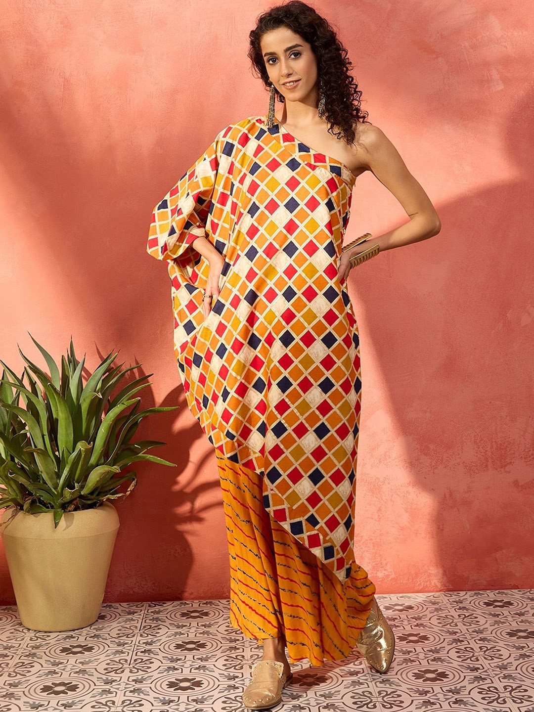 

InWeave Checked One Shoulder Flared Sleeves A-Line Kurta with Palazzos, Mustard
