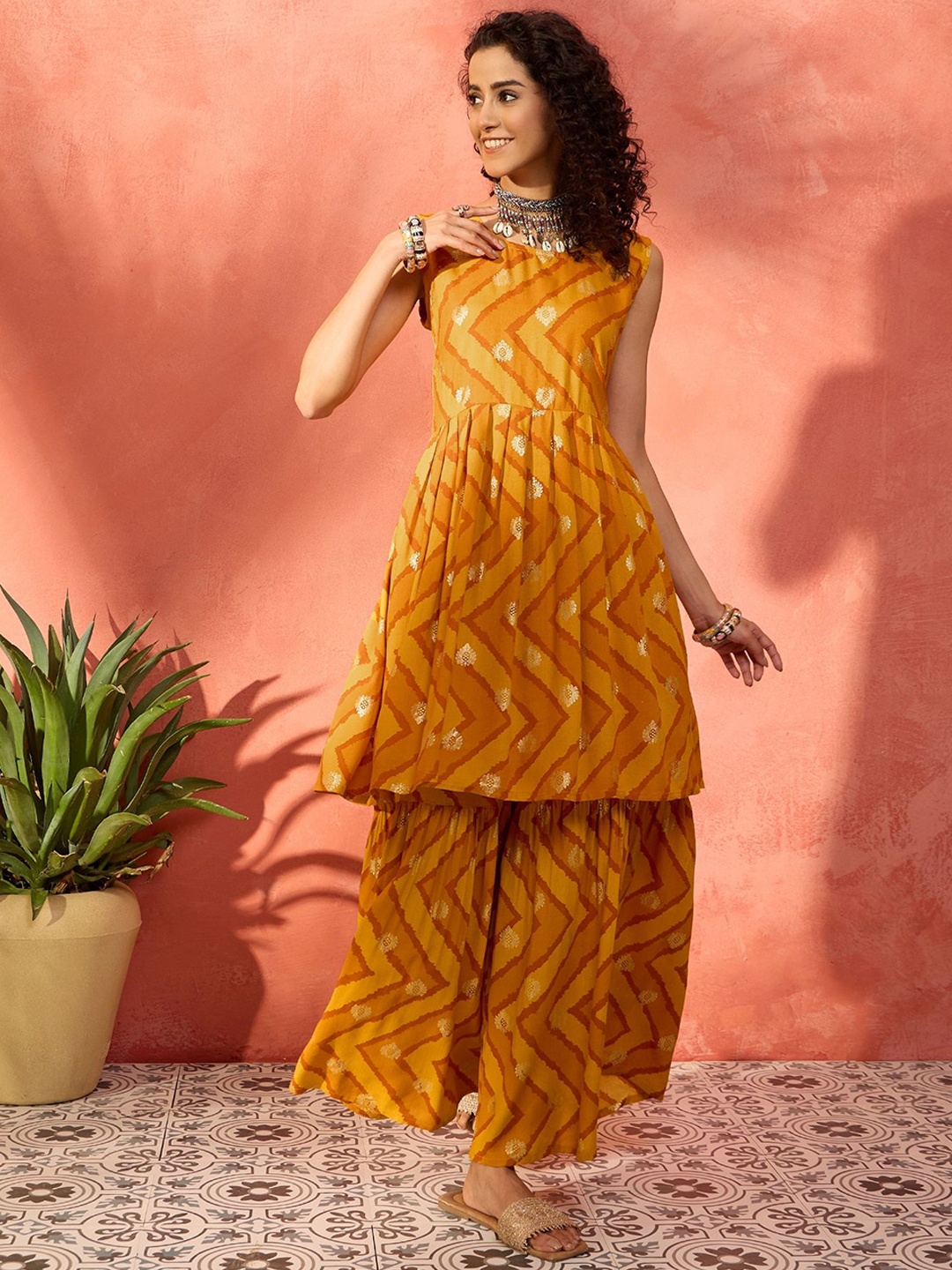 

InWeave Ethnic Motifs Printed A-Line Kurta with Palazzo, Mustard