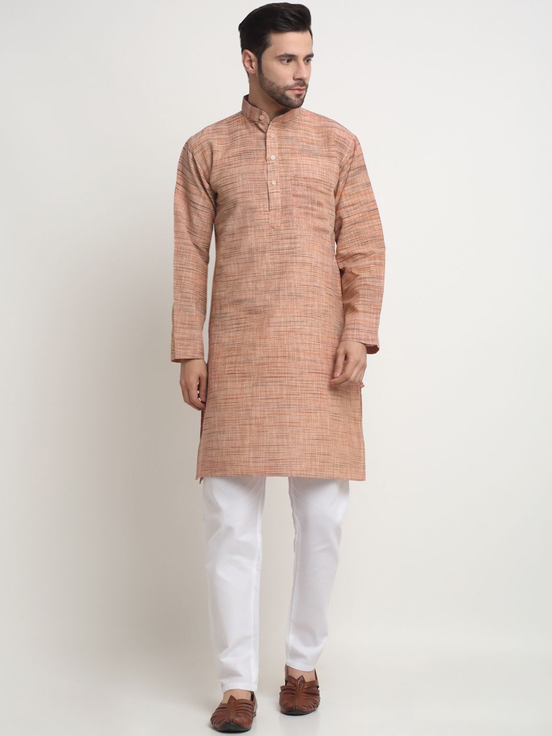 

Arrabi Mandarin Collar Regular Pure Cotton Kurta with Pyjamas, Brown