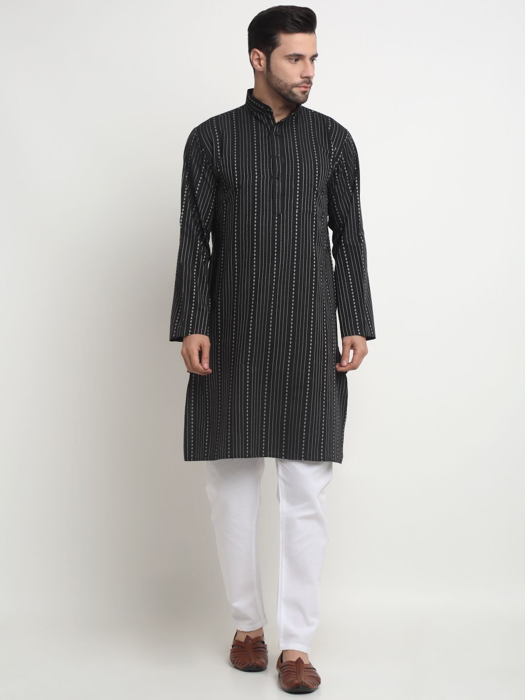

Arrabi Striped Mandarin Collar Regular Pure Cotton Kurta with Pyjamas, Black