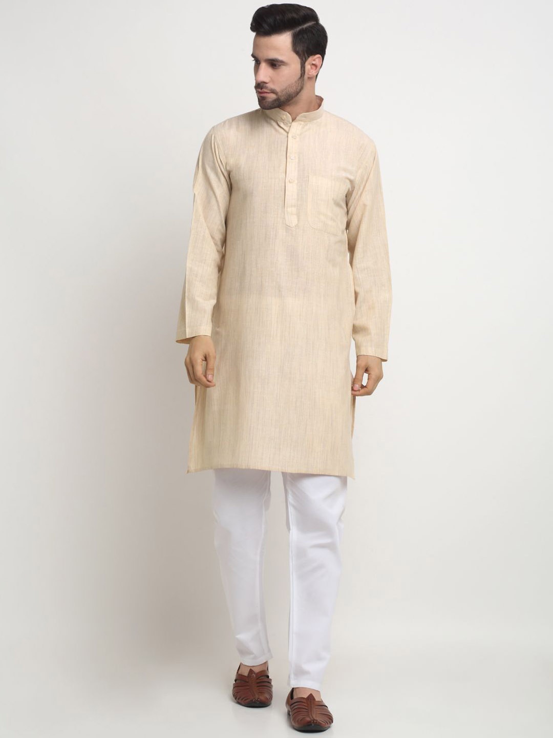 

Arrabi Mandarin Collar Regular Pure Cotton Kurta with Pyjamas, Cream