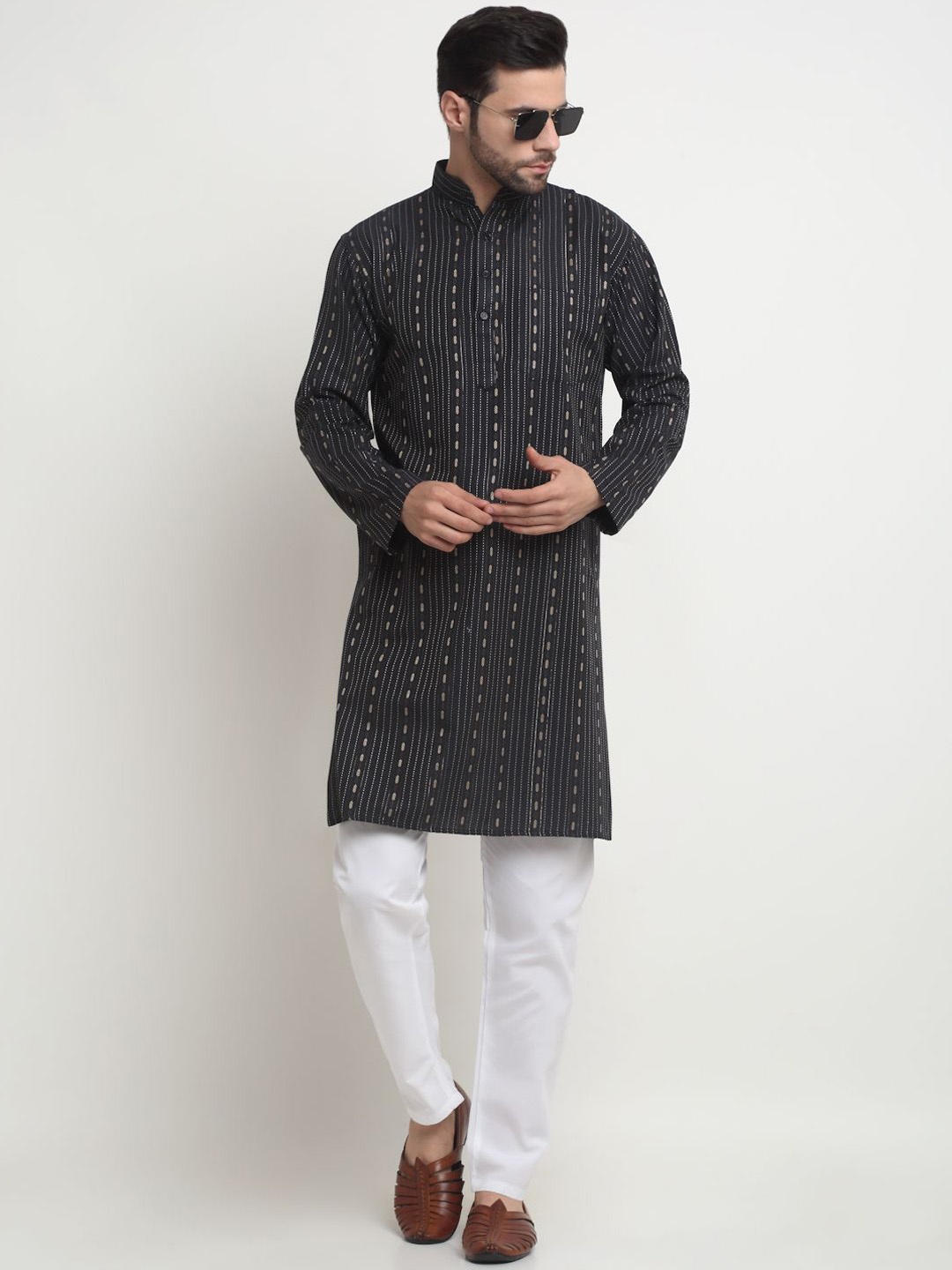 

Arrabi Striped Mandarin Collar Regular Pure Cotton Kurta with Pyjamas, Black