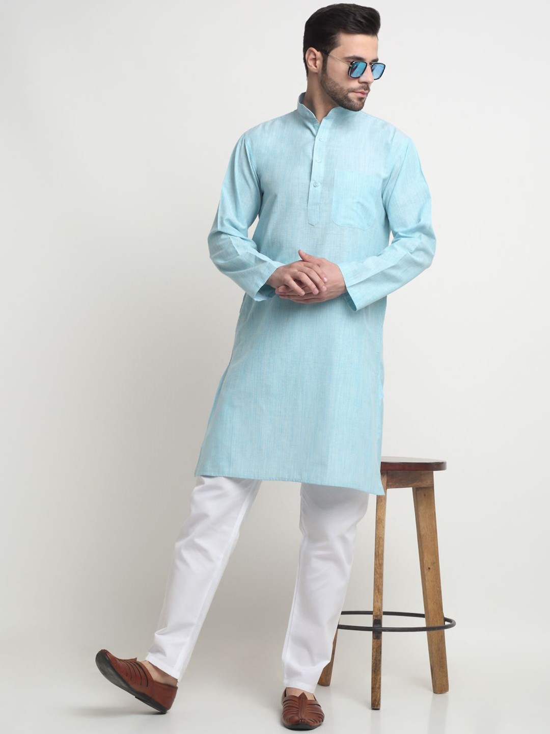 

Arrabi Mandarin Collar Regular Pure Cotton Kurta with Pyjamas, Blue