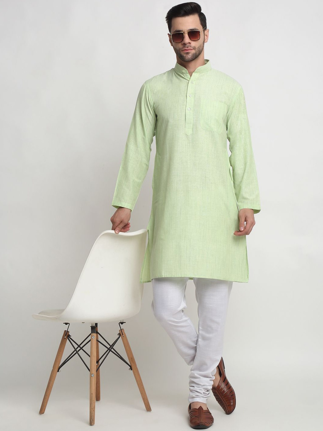 

Arrabi Mandarin Collar Regular Pure Cotton Kurta with Churidar, Green