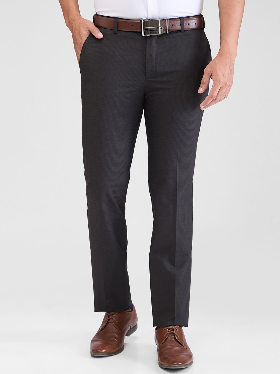 

Raymond Striped Slim-Fit Formal Trousers, Brown