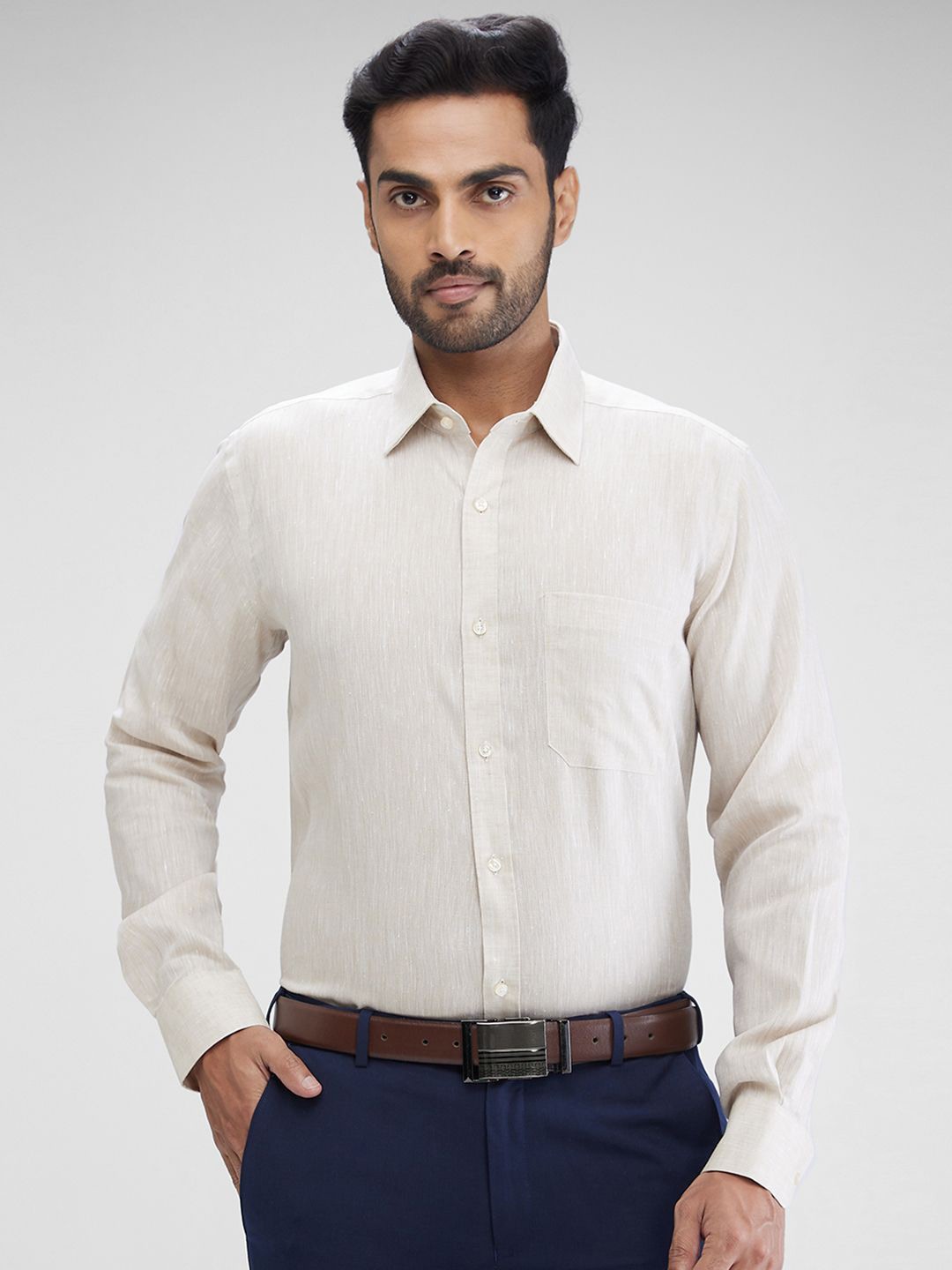 

Raymond Men Contemporary Solid Cutway Collar Formal Shirts, Beige