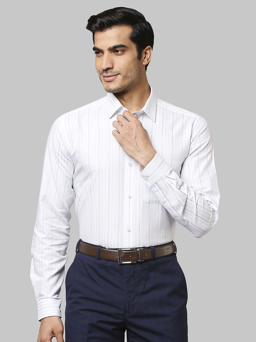 

Raymond Striped Contemporary-Fit Cotton Formal Shirt, Blue