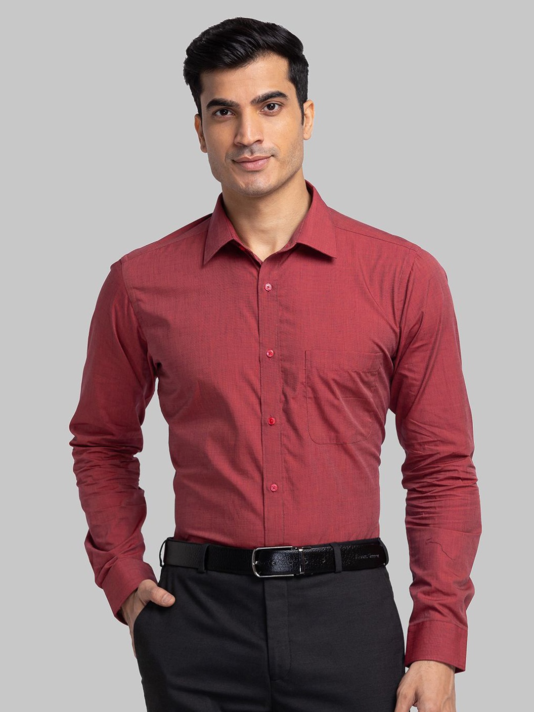 

Raymond Men Solid Slim-Fit Cotton Formal Shirt, Red