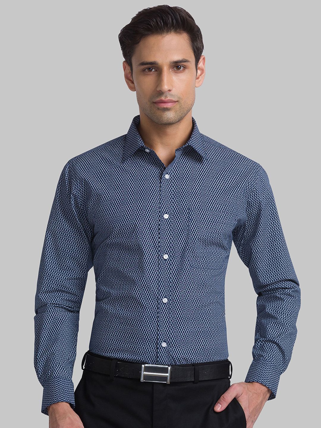 

Raymond Printed Slim-Fit Cotton Formal Shirt, Blue