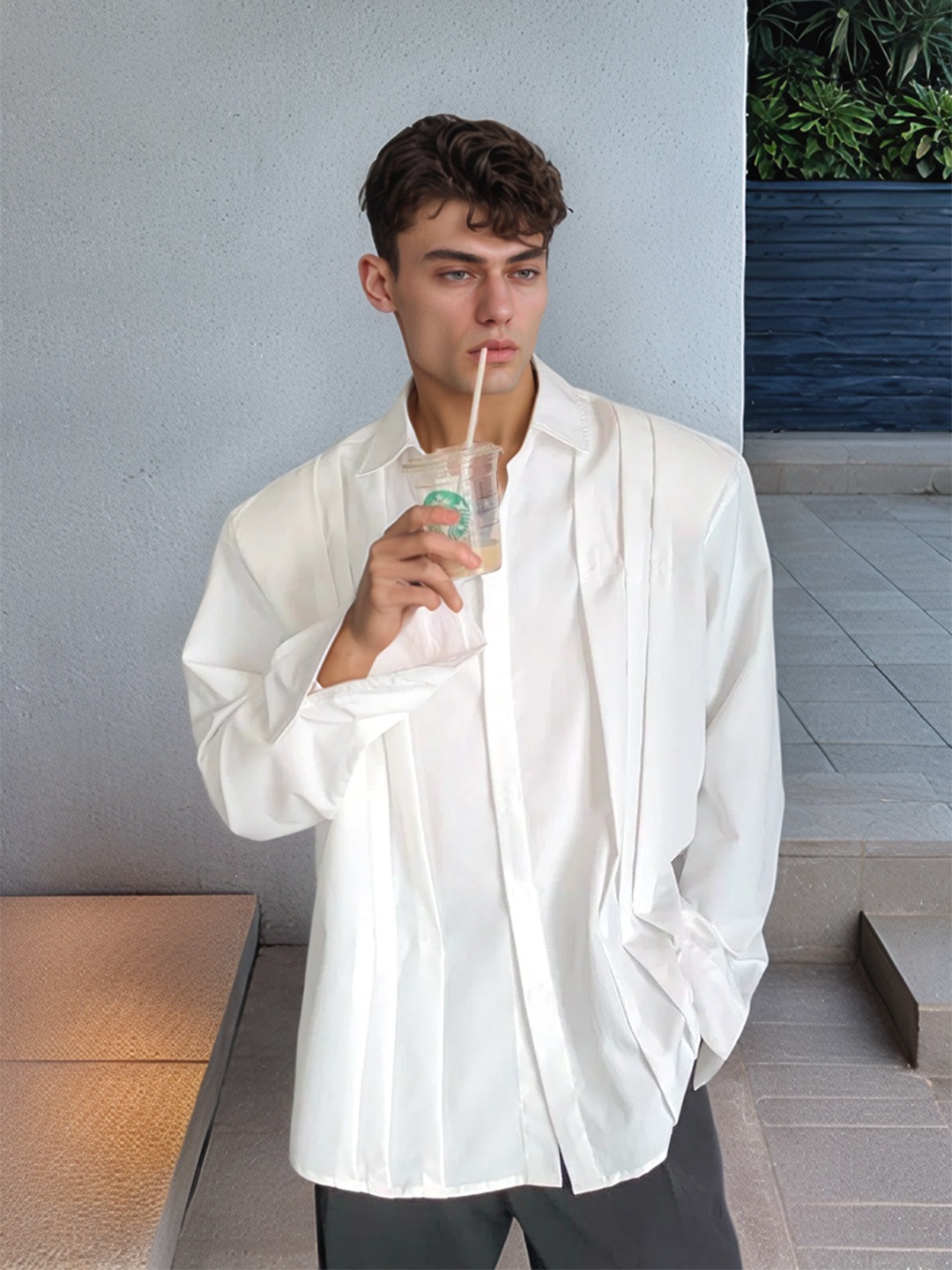 

UNRL Pleated Opaque Casual Oversized Shirt, White