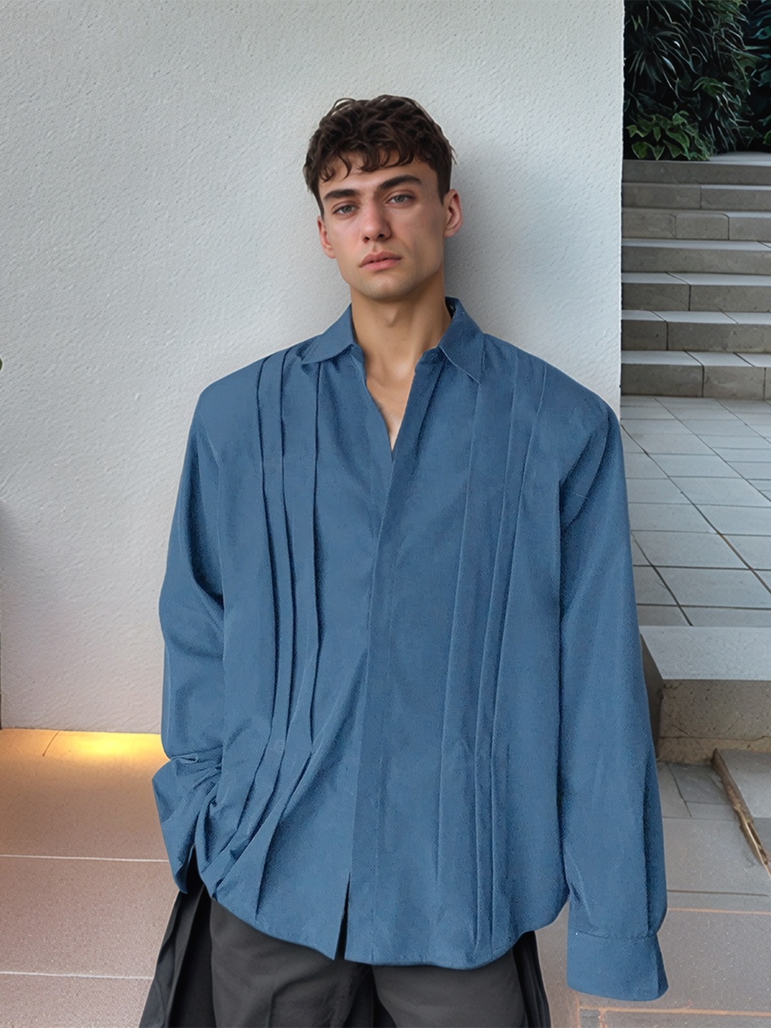 

UNRL Pleated Opaque Casual Oversized Shirt, Blue