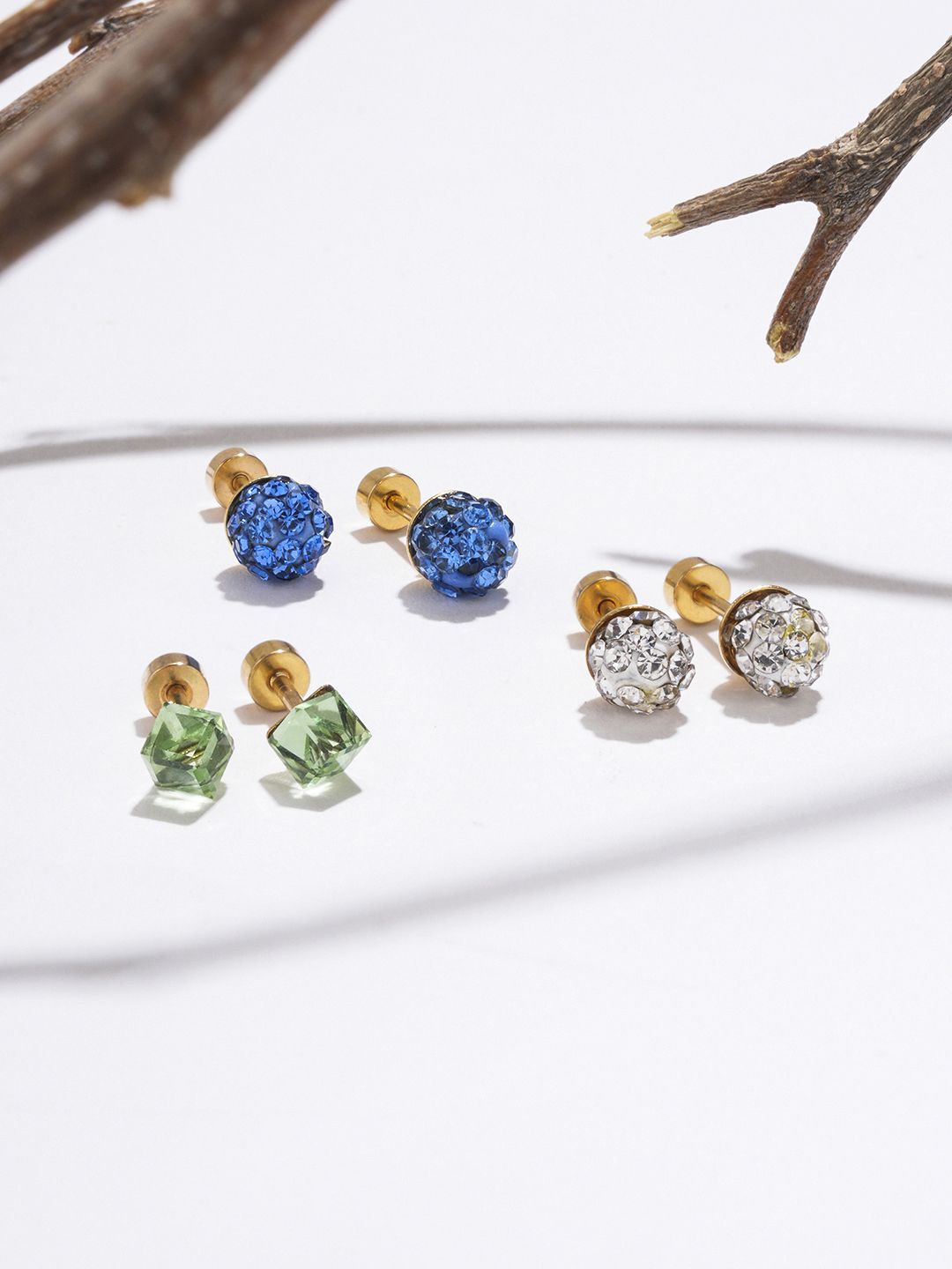 

EL REGALO Set of 3 Stainless Steel Stone-Studded Stud Earrings, Gold