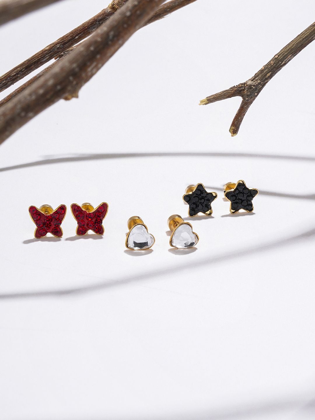 

EL REGALO Set of 3 Artificial Stones Stainless Steel Stud Earrings, Gold