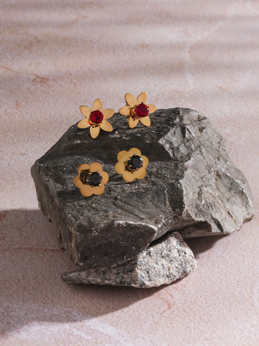 

EL REGALO Set of 2 Stainless Steel Stone-Studded Floral Studs Earrings, Gold