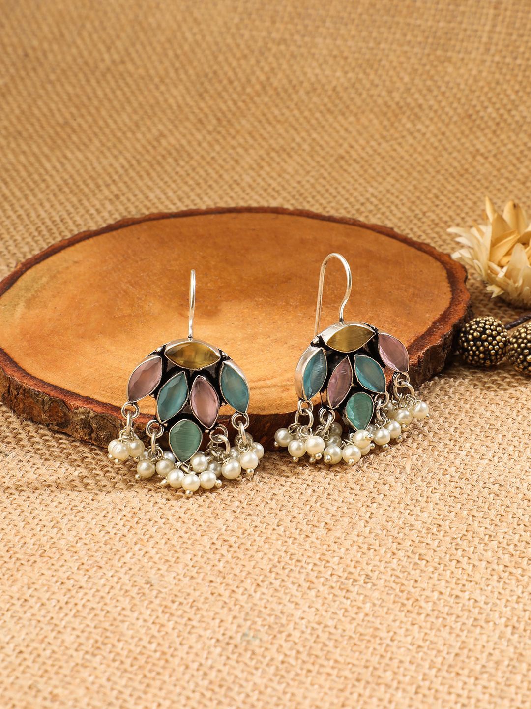 

EL REGALO Stone Studded & Beaded Contemporary Drop Earrings, Blue