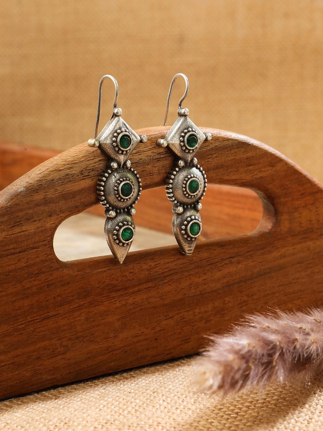 

EL REGALO Stone-Studded Contemporary Oxidised Drop Earrings, Silver