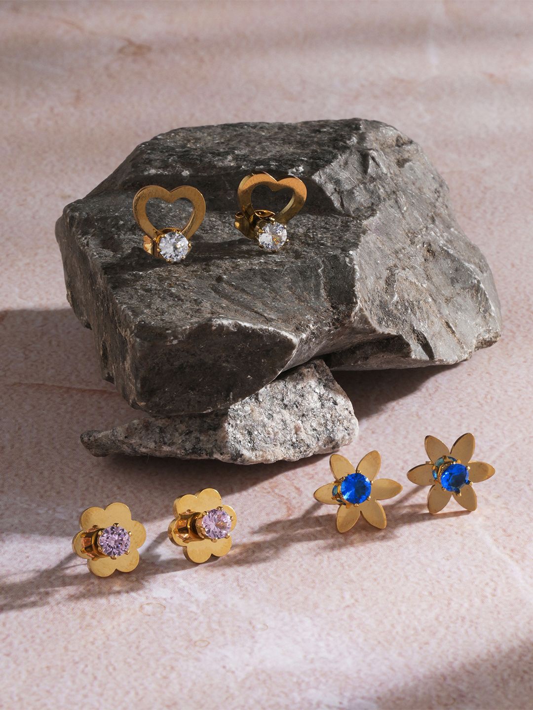 

EL REGALO Set Of 3 Stone Studded Contemporary Stud Earrings, Gold