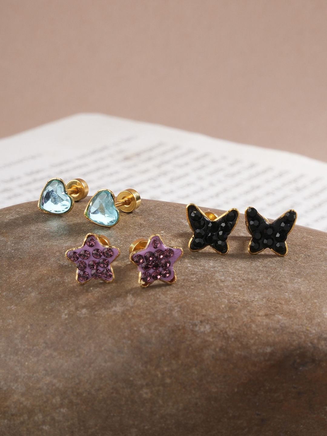 

EL REGALO Set Of 3 Stone Studded Contemporary Stud Earrings, Gold