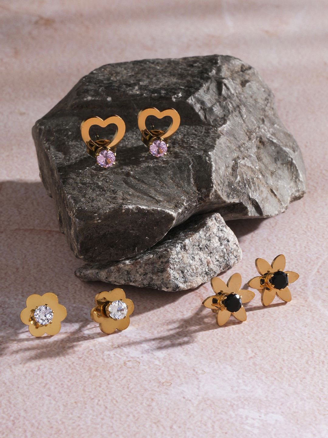 

EL REGALO Set of 3 Stainless Steel Artificial Stones Stud Earrings, Gold