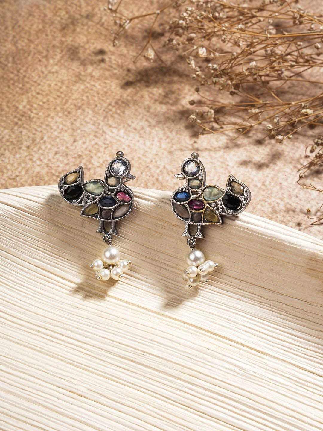 

EL REGALO Artificial Stones and Beads Drop Earrings, Silver