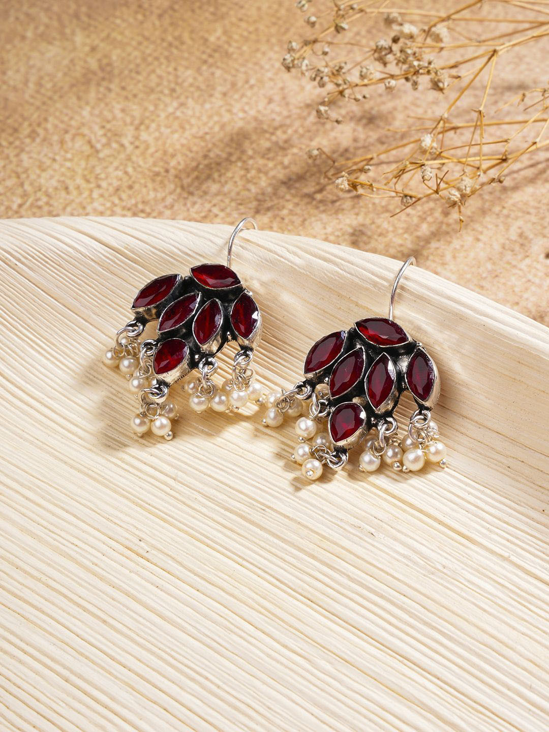 

EL REGALO Stone Studded Contemporary Drop Earrings, Red