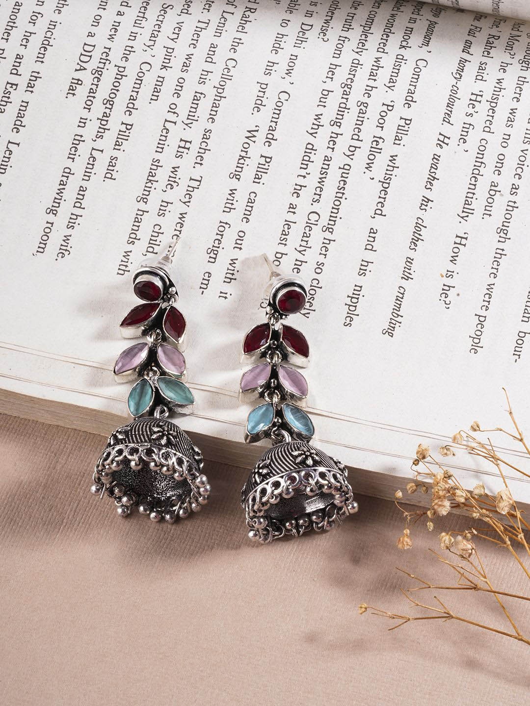 

EL REGALO Stone & Beaded Studded Brass Contemporary Jhumkas, Silver