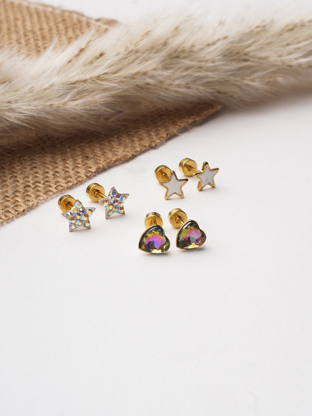 

EL REGALO Set of 3 Stainless Steel Artificial Stones Stud Earrings, Gold