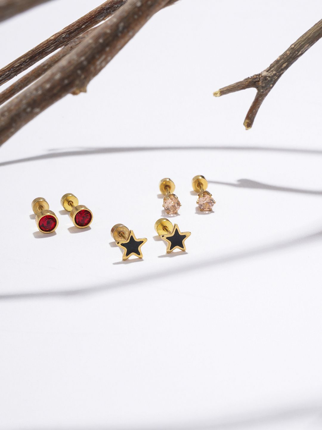 

EL REGALO Set of 3 Stainless Steel Artificial Stones Stud Earrings, Gold