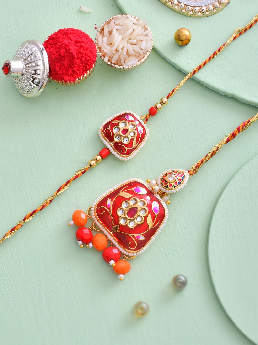 

House of Pataudi Kundan Studded Bhaiya Bhabhi Rakhi With Roli Chawal & Greeting Card, Red