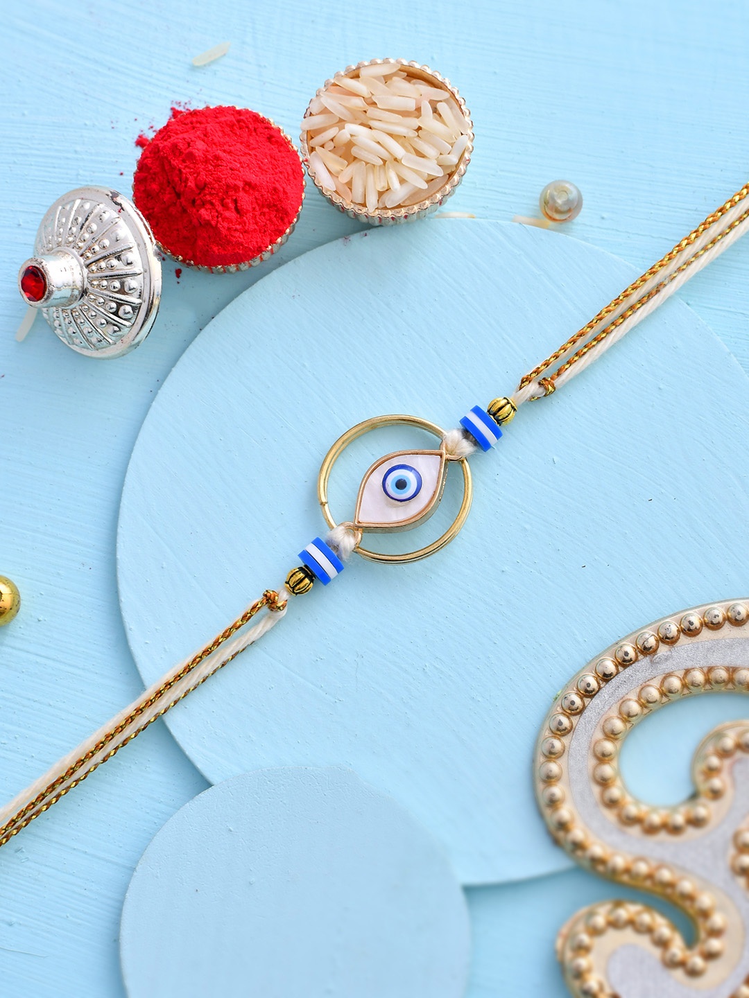 

House of Pataudi Evil Eye Beaded Rakhi With Roli Chawal & Greeting Card, Gold