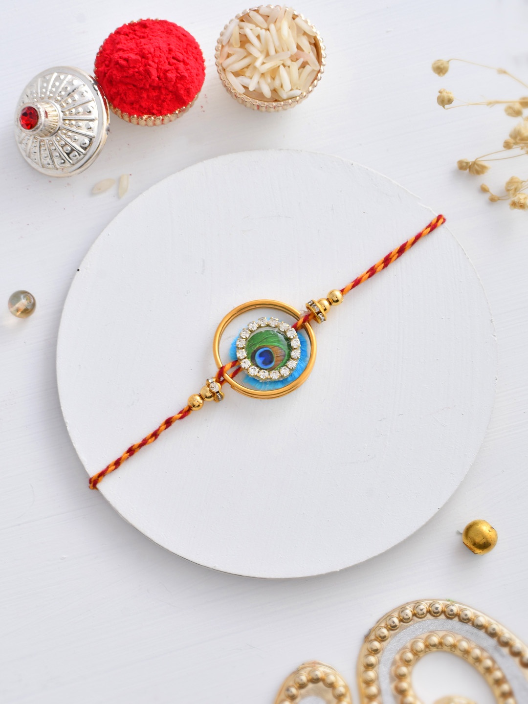 

House of Pataudi Morpankh Braided Rakhi With Roli Rice & Greeting Card, Gold