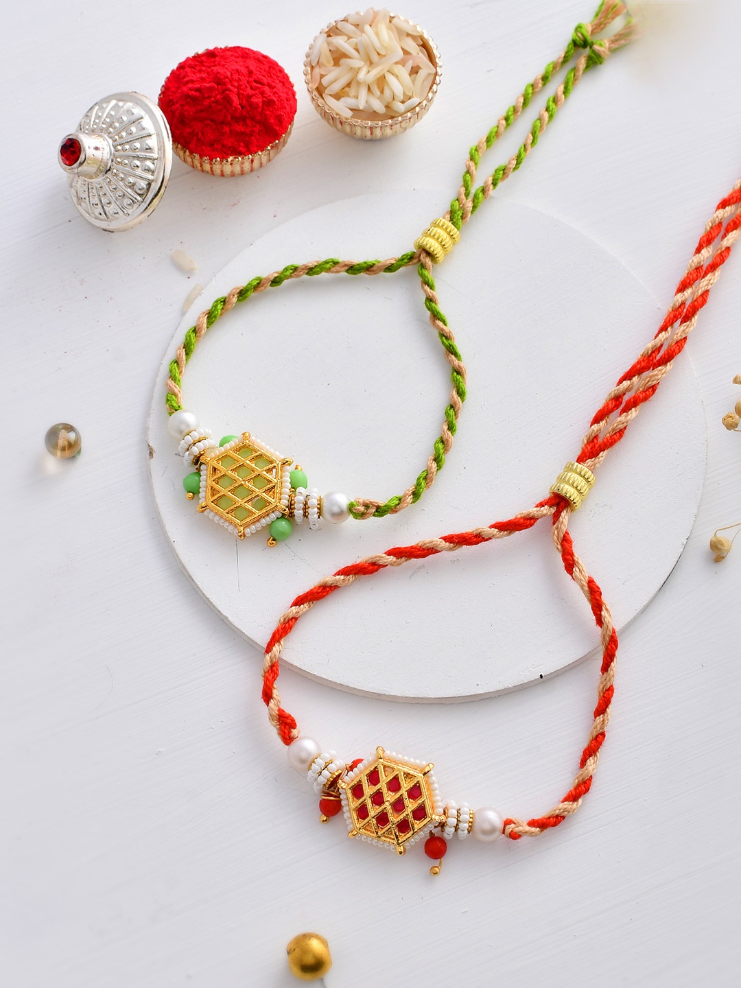 

House of Pataudi Set Of 2 Beaded Rakhi With Roli Rice & Greeting Card, Red