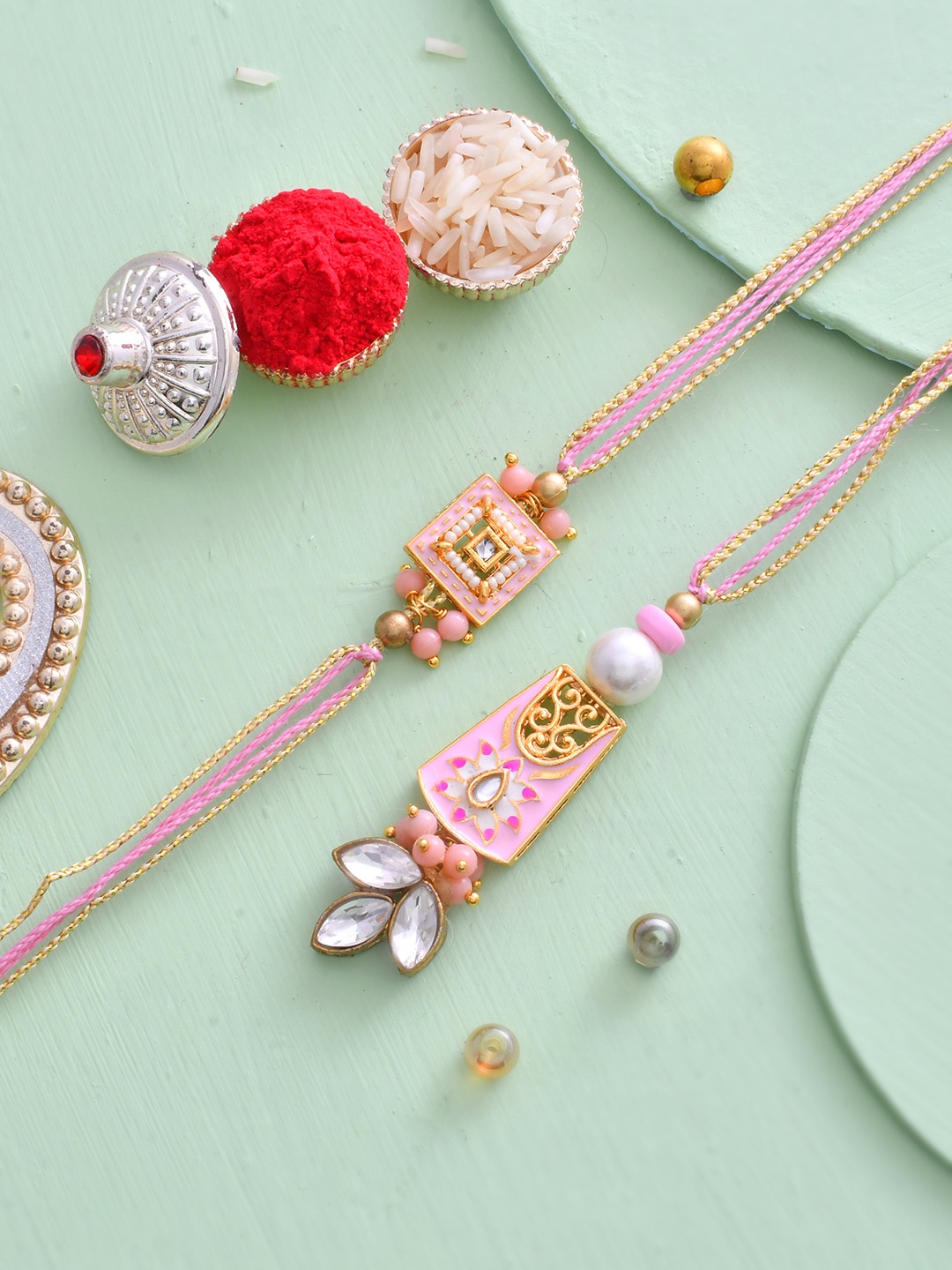 

House of Pataudi Set Of 2 Kundan-Studded & Beaded Rakhi With Roli Rice & Greeting Card, Pink