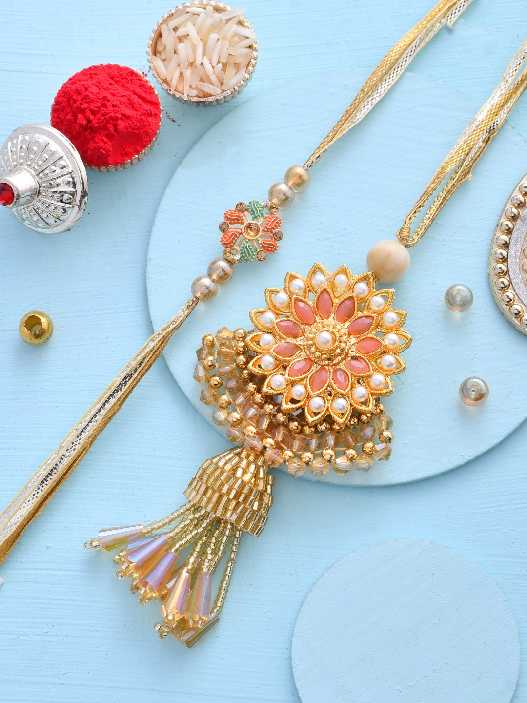 

House of Pataudi Set Of 2 Pearl Beaded Rakhi With Roli Rice & Greeting Card, Gold