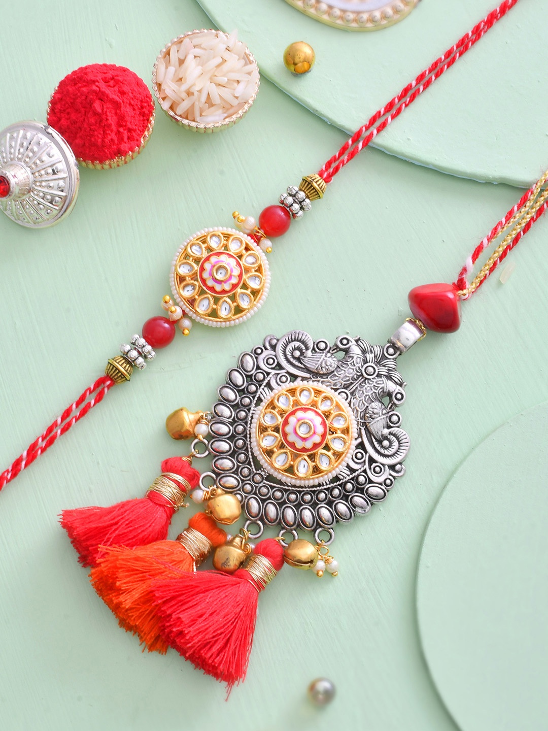 

House of Pataudi Beaded Bhaiya Bhabhi Rakhi With Roli Chawal & Greeting Card, Red