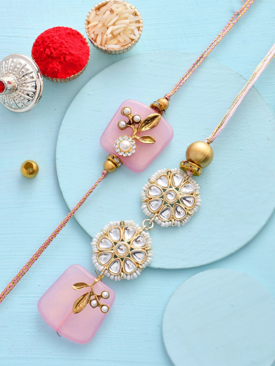 

House of Pataudi Kundan Crafted Bhaiya Bhabhi Rakhi Gift Set, Pink
