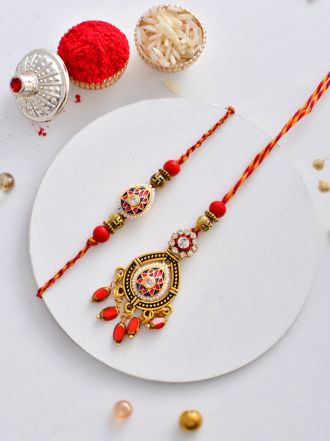 

House of Pataudi Elegant Kundan Meena Crafted Bhaiya Bhabhi Rakhi Gift Set, Red