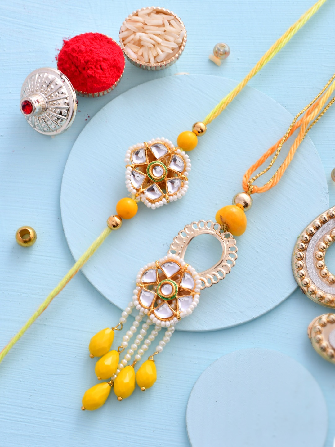 

House of Pataudi Beaded Bhaiya Bhabhi Rakhi With Roli Chawal & Greeting Card, Yellow