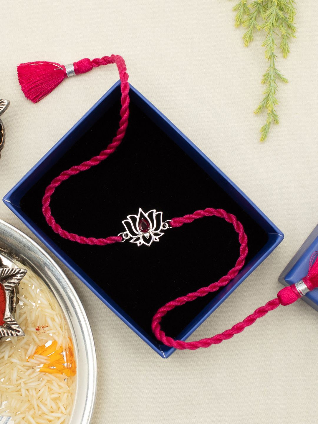

Meenakari Heritage Jewellery 92.5 Sterling Silver Rakhi With Roli Chawal & Greeting Card, Pink