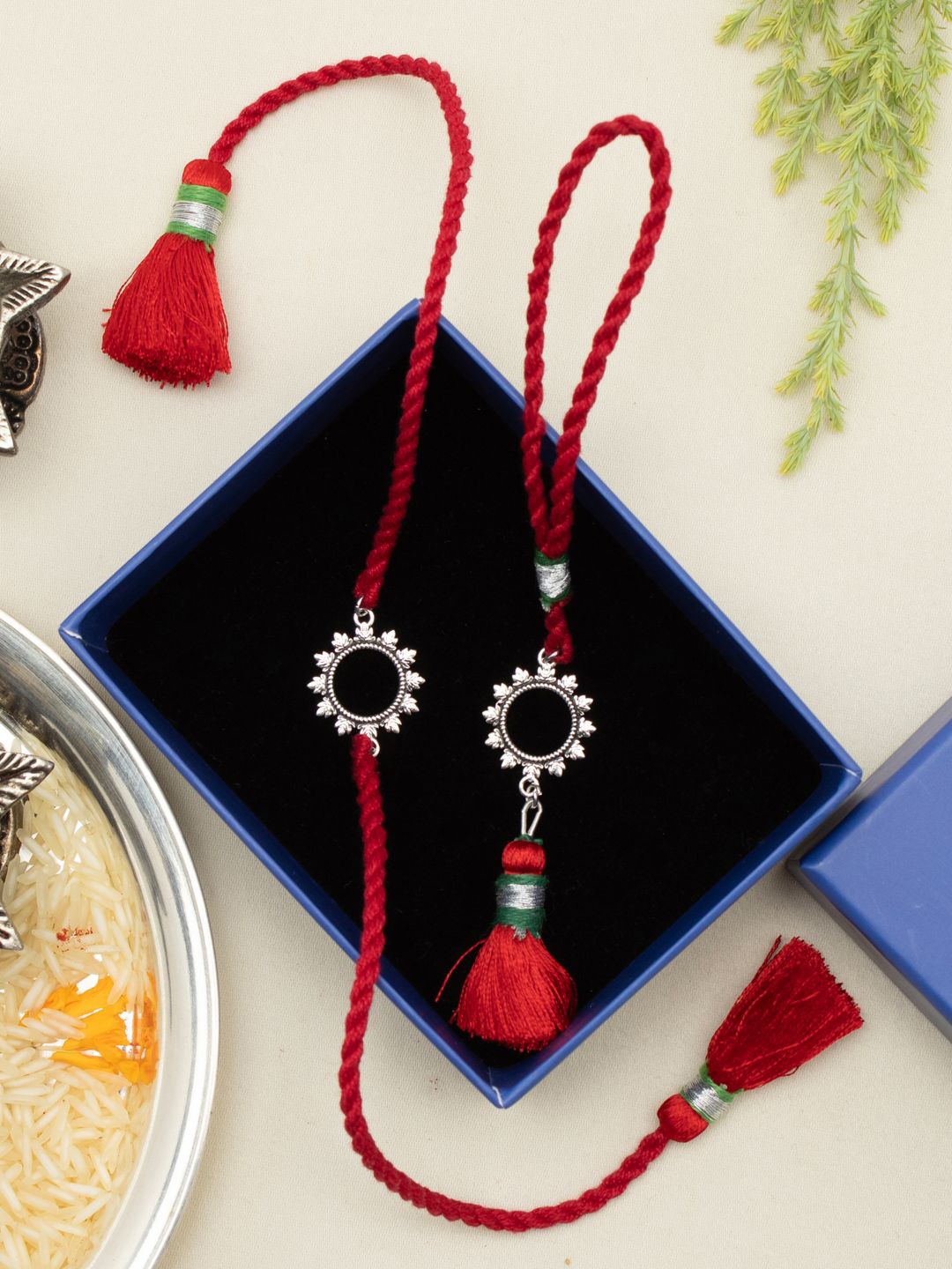

Meenakari Heritage Jewellery 92.5 Sterling Silver Bhaiya Bhabhi Rakhi with Roli Chawal, Red