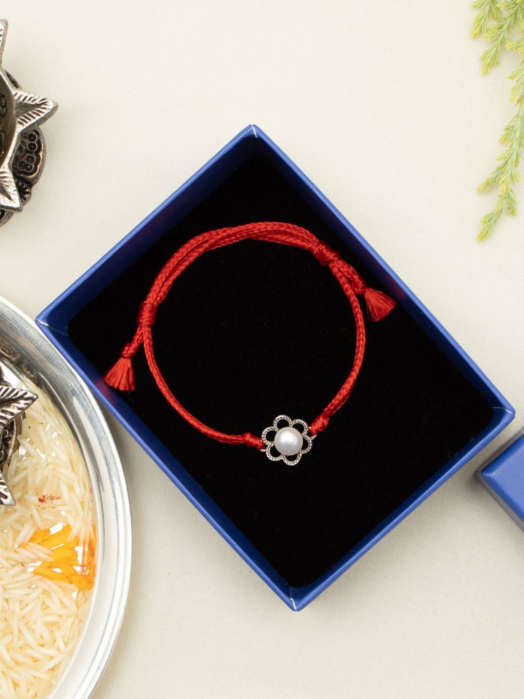 

Meenakari Heritage Jewellery 92.5 Sterling Silver Rakhi With Roli Chawal & Greeting Card, Red