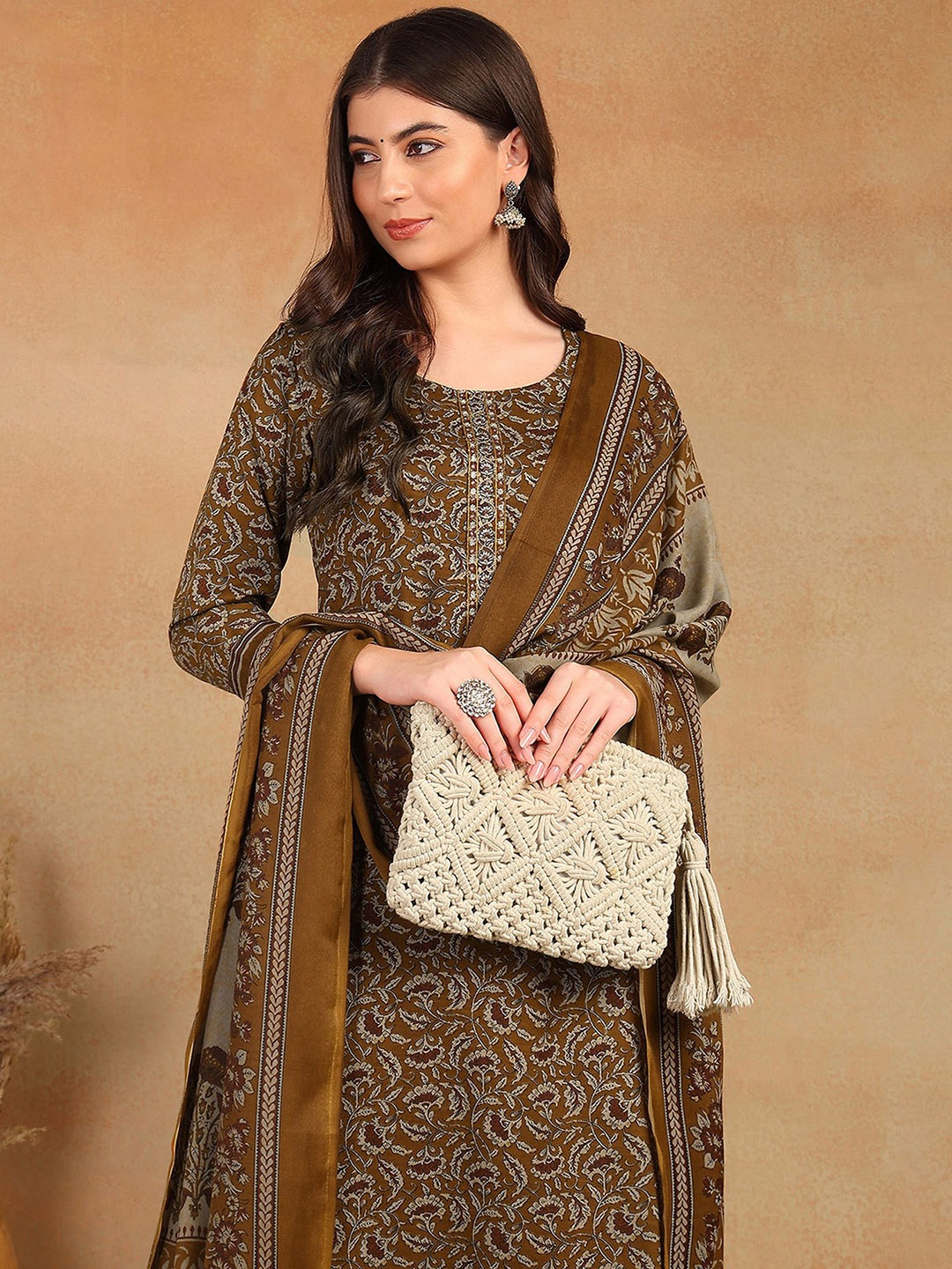 

KALINI Floral Printed Thread Work Straight Kurta with Trousers & Dupatta, Brown